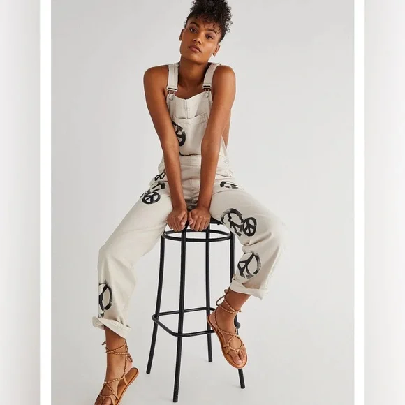 We the Free People Peace Sign Ziggy Harmony Overalls in White Medium Retail $128 - Picture 2 of 16